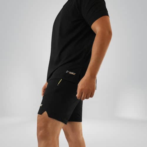 Model wearing copper shorts